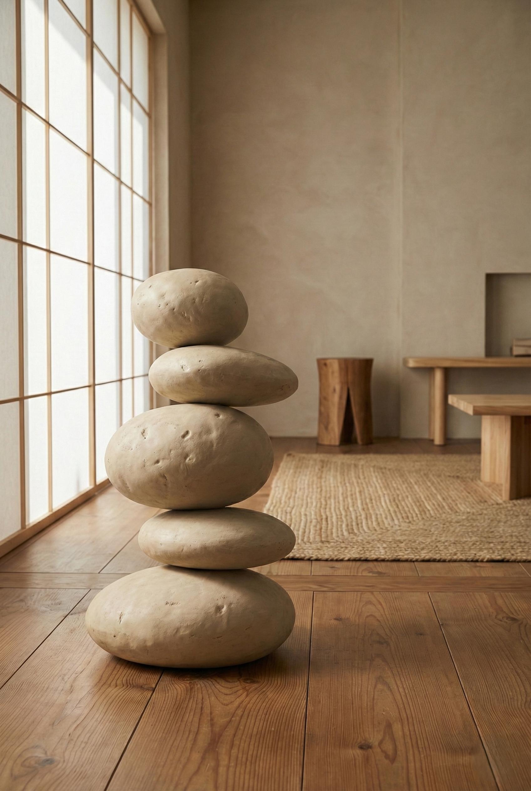 Handcrafted Stacked Pebble Totem - Organic Statement Textured Floor Sculpture - Wabi Sabi Modern Decor
