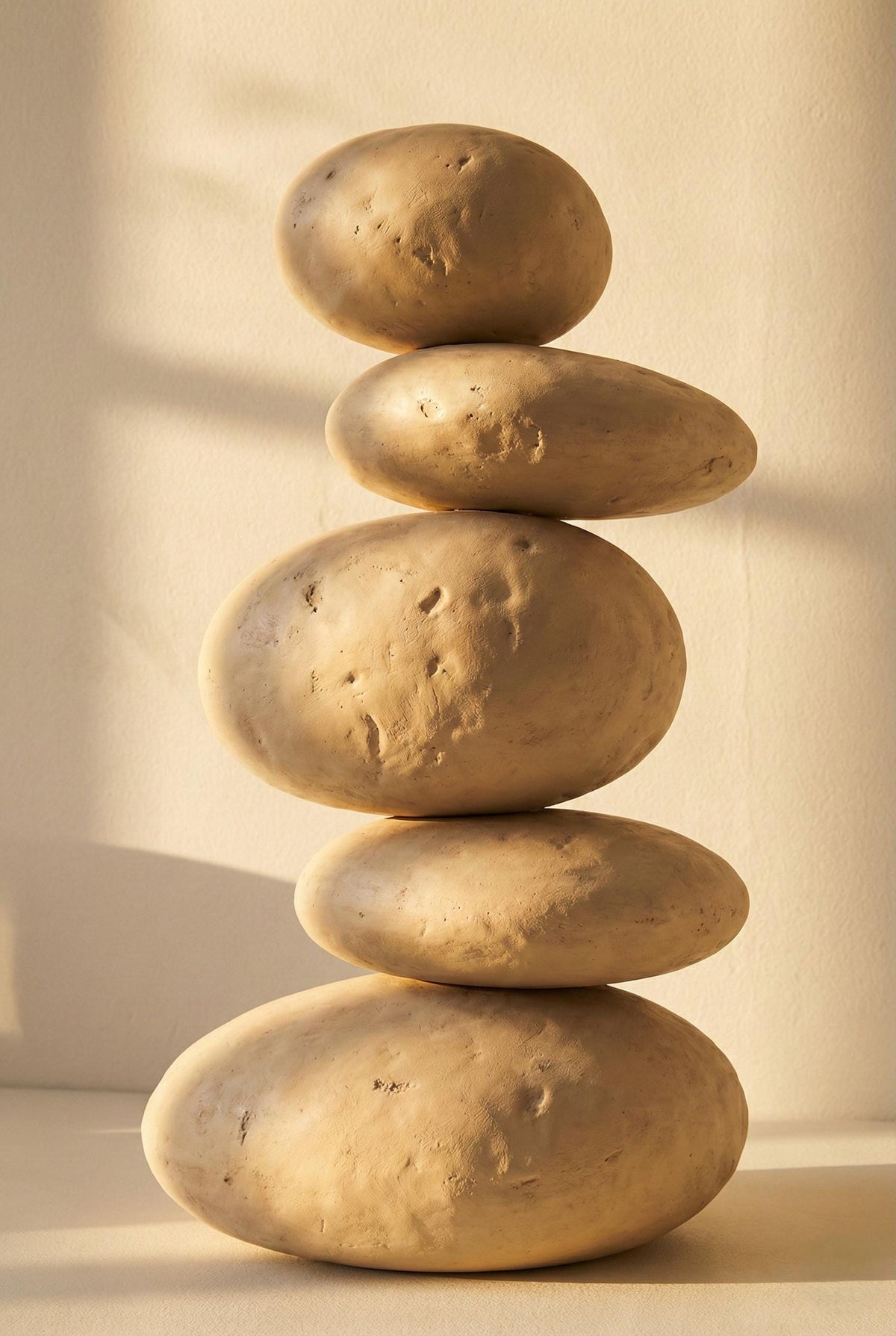Organic Pebble Totem — a handcrafted stacked pebble floor sculpture with a textured mineral plaster surface, made in 90–180 cm