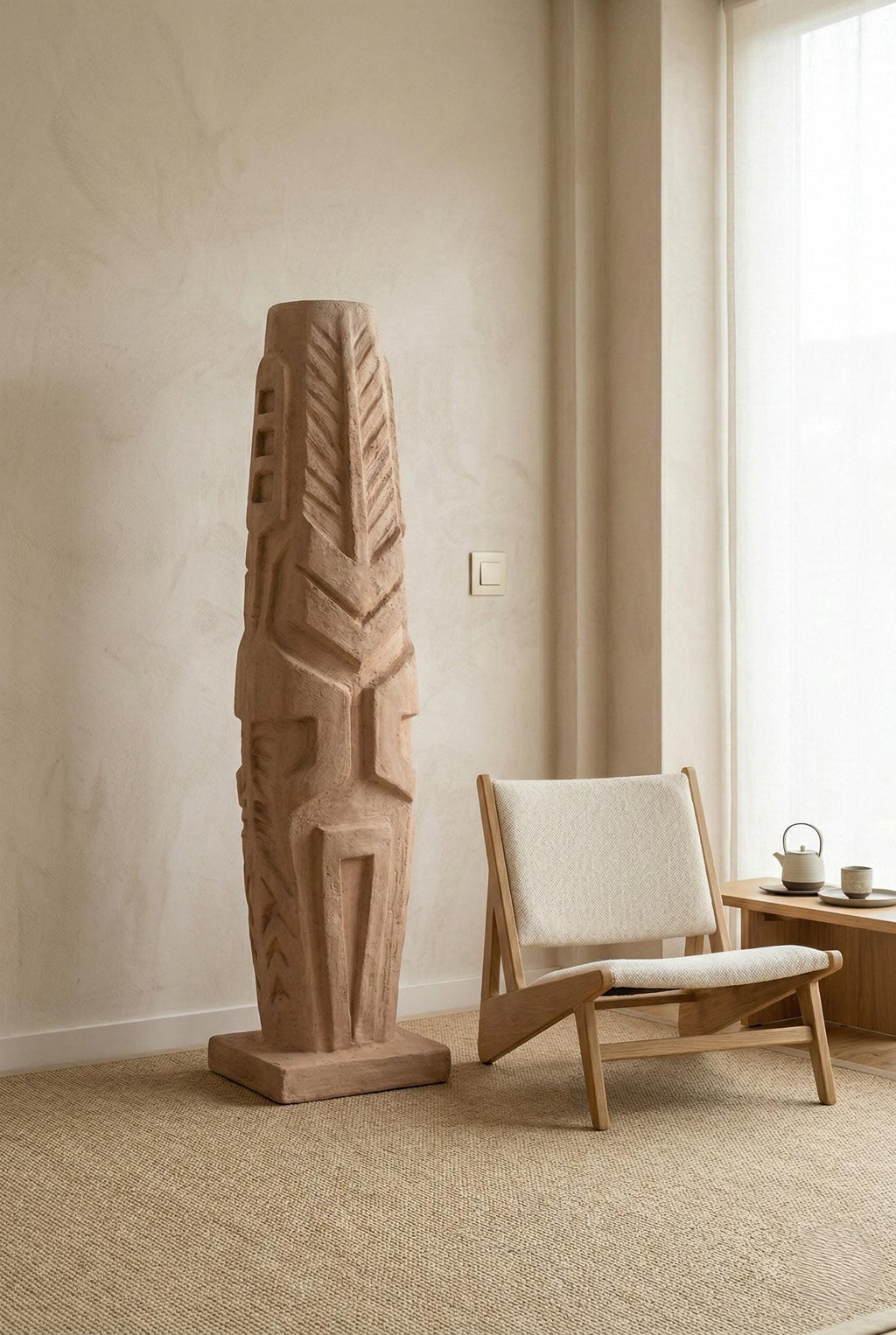Handcrafted Large Sculptural Totem Floor Statue – Textured Mineral Plaster Art Piece – Modern Decor