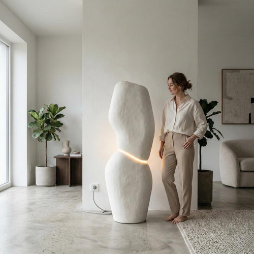 Monolith Totem Light — a handmade sculptural floor lamp with a plaster-finished monolithic body and warm LED strip, made in 90–180 cm