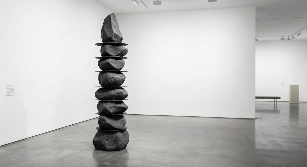 Stone-Look Totem Garden Sculpture shown full height in a bare white room