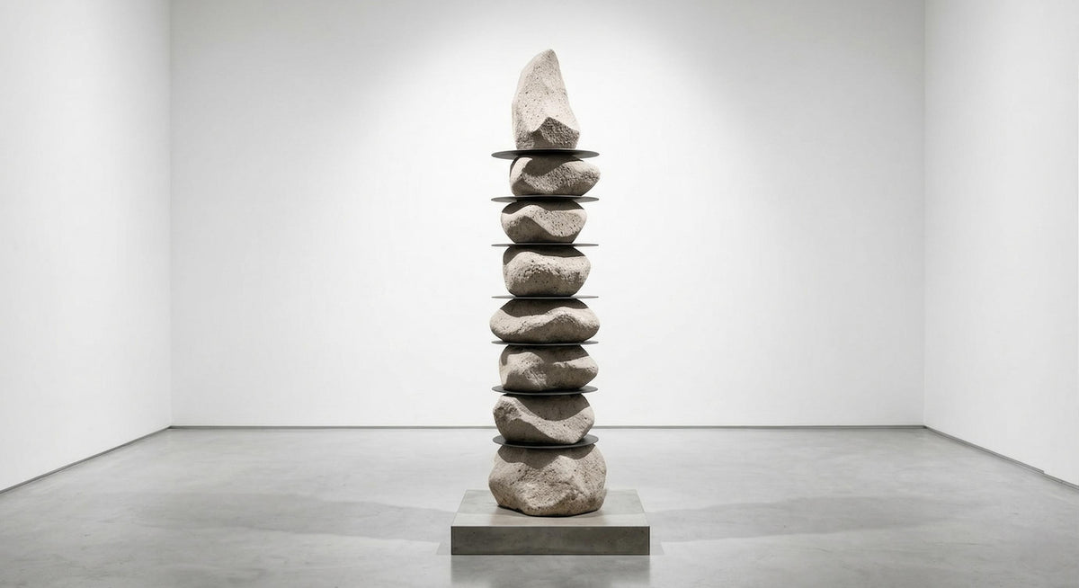 Stone-Look Totem Garden Sculpture on a plinth in a white gallery space