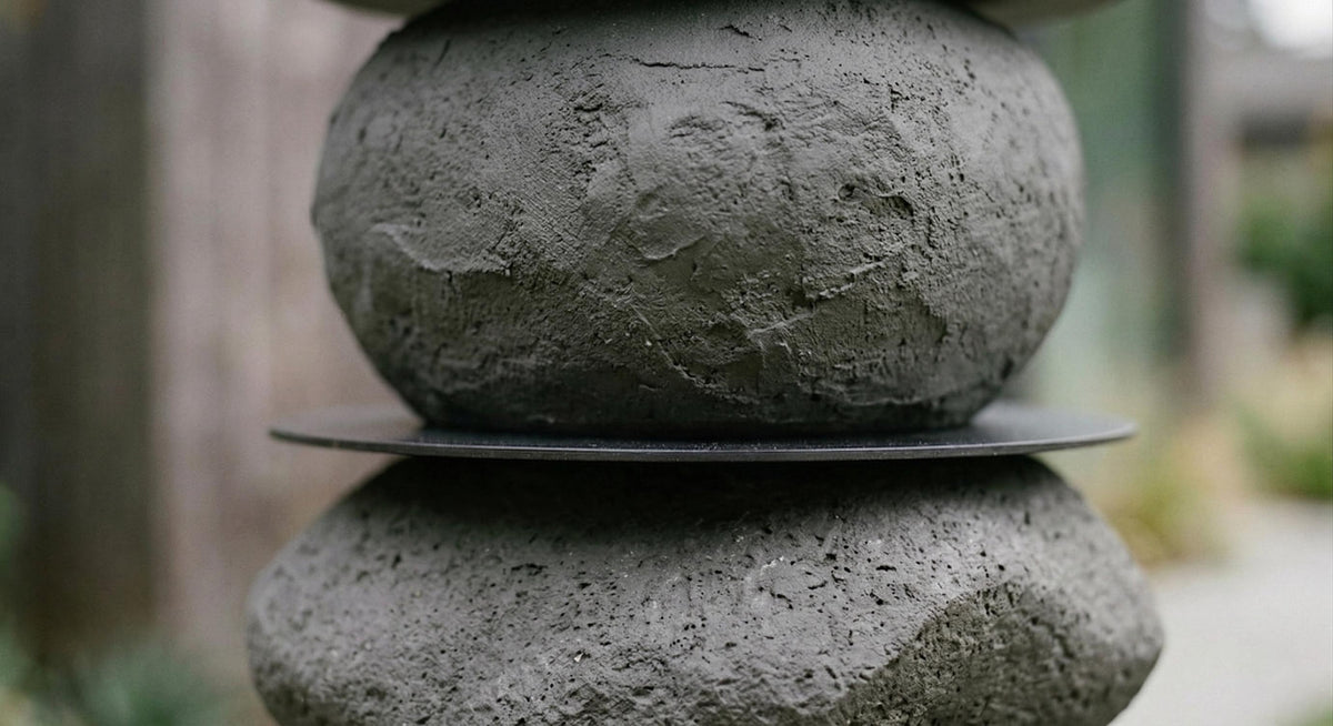 Close view of two stacked stone-look forms separated by a thin dark disc