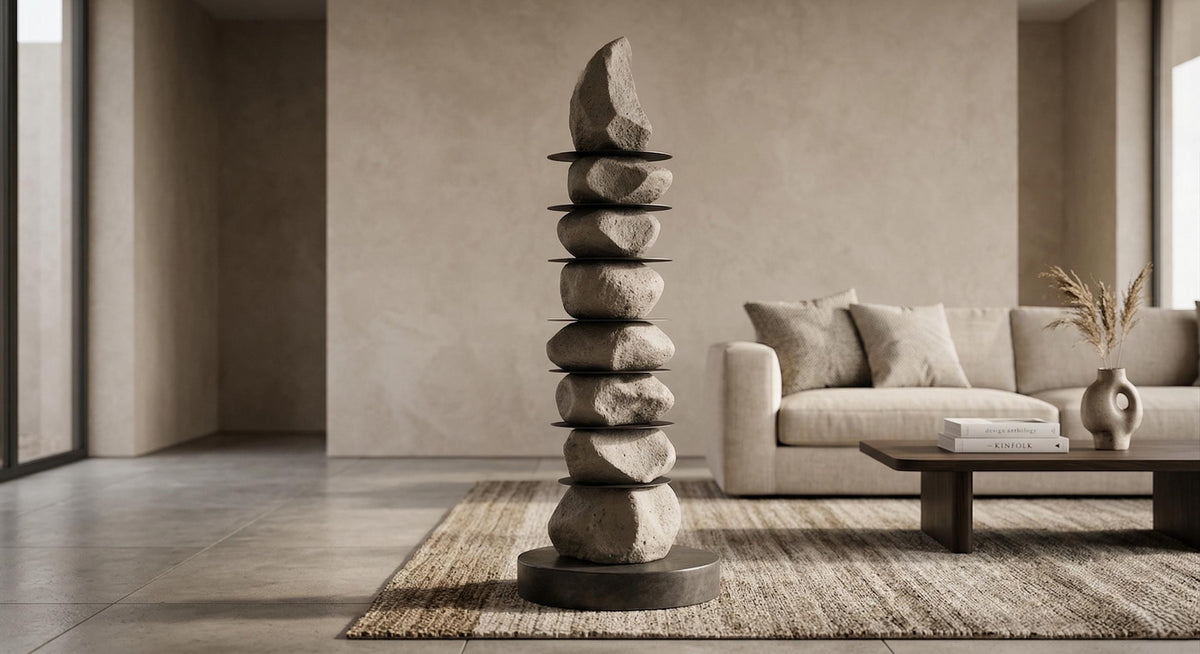 Stone-Look Totem Garden Sculpture — a handcrafted stone-effect totem with black metal disk separators for indoor and outdoor use, 120–180 cm
