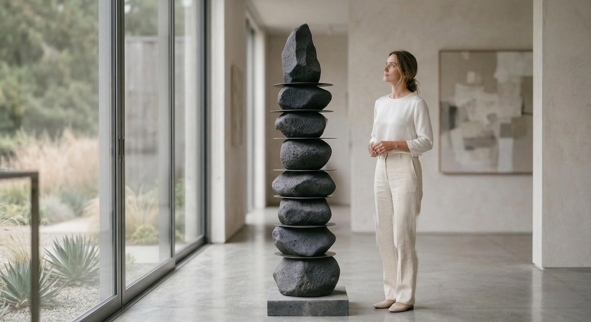 A standing figure beside the Stone-Look Totem Garden Sculpture in a glazed corridor