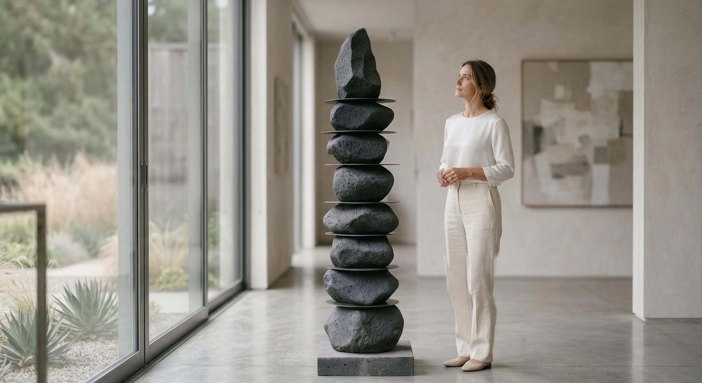 Modern Stone Totem Sculpture Floor Art  Handmade Textured Garden Art - Indoor Outdoor Decor