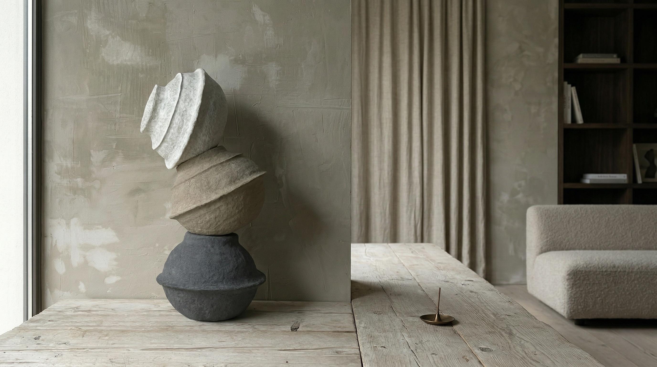 Sculptural Totem Floor Decor – Textured Mineral Plaster Column Art Piece
