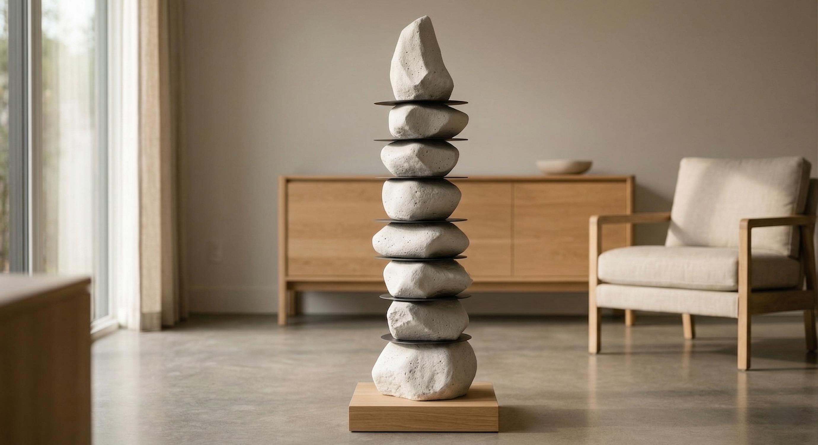 Modern Stone Totem Sculpture Floor Art  Handmade Textured Garden Art - Indoor Outdoor Decor