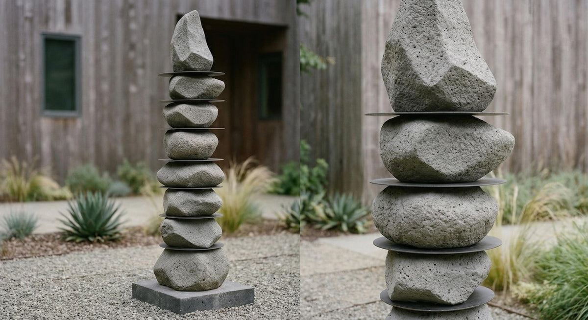 Two Stone-Look Totem Garden Sculptures in different heights outdoors against timber cladding