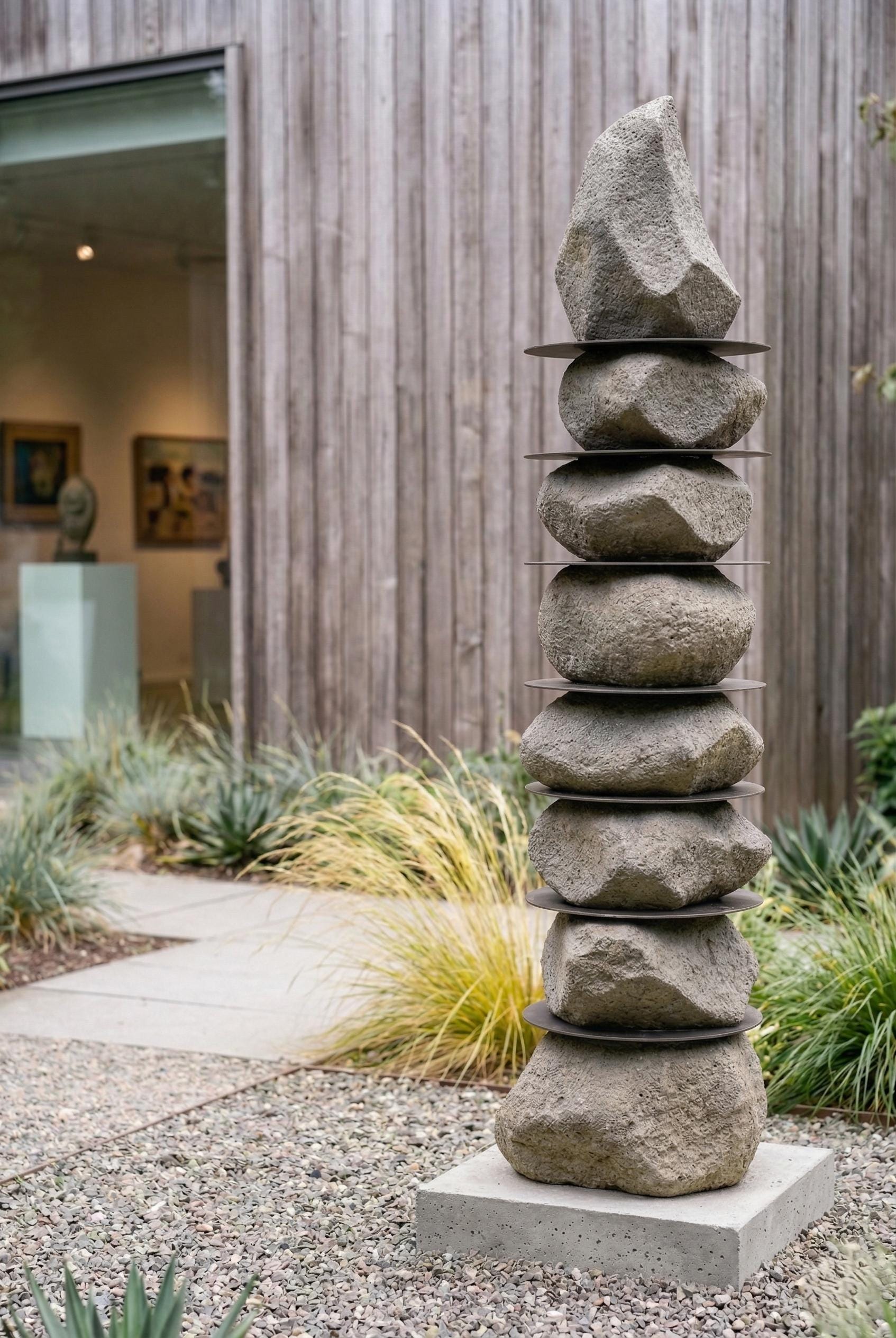 Modern Stone Totem Sculpture Floor Art  Handmade Textured Garden Art - Indoor Outdoor Decor