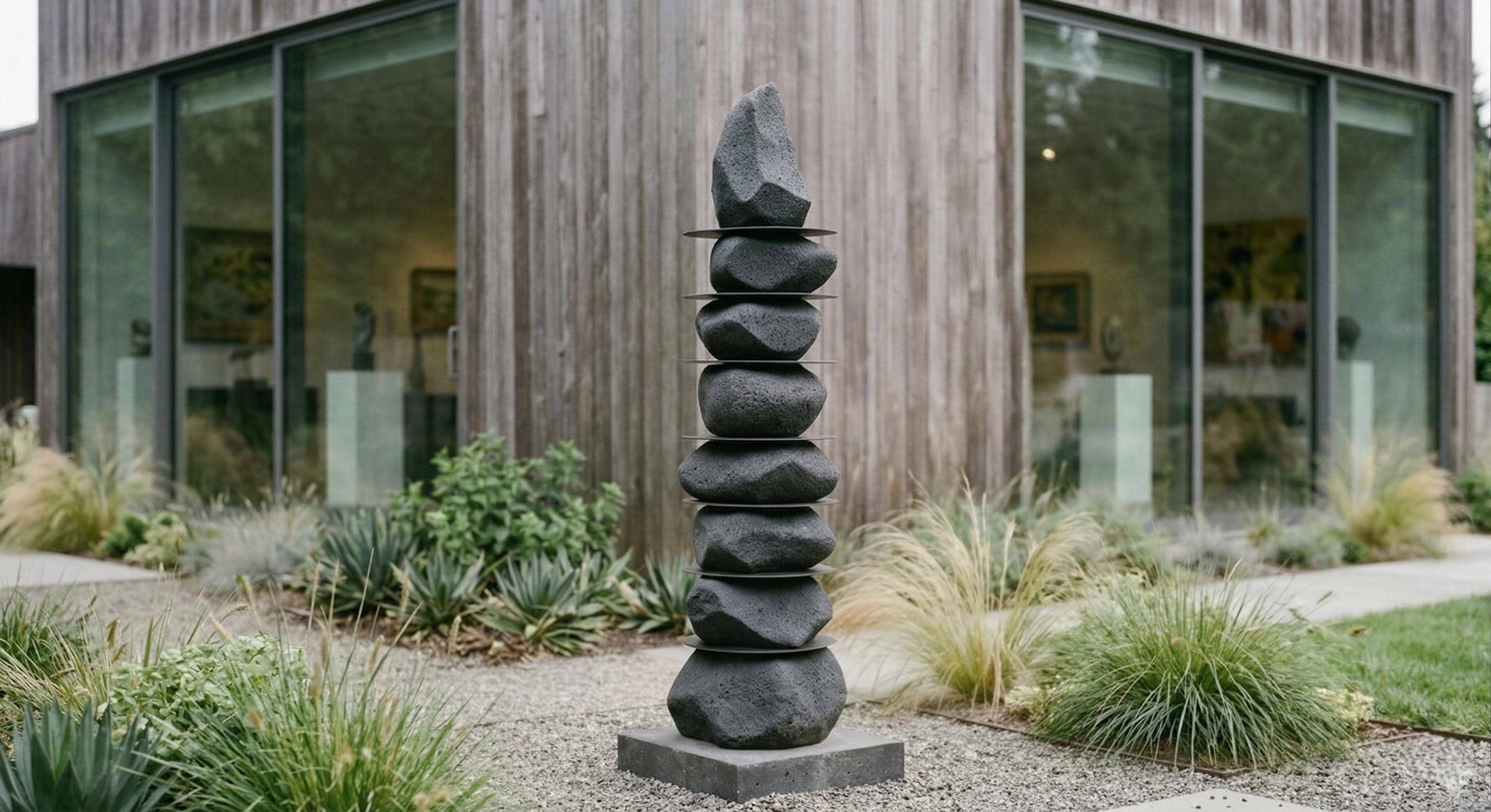 Modern Stone Totem Sculpture Floor Art  Handmade Textured Garden Art - Indoor Outdoor Decor