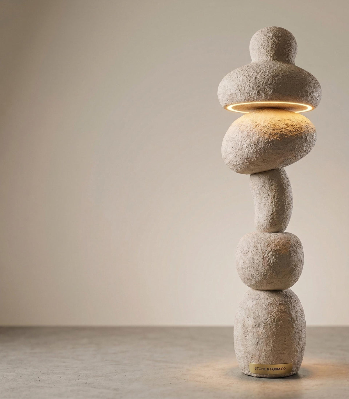 Plaster Stone-Look Floor Lamp — a handmade sculptural floor lamp with a textured mineral plaster stone finish, 160–180 cm