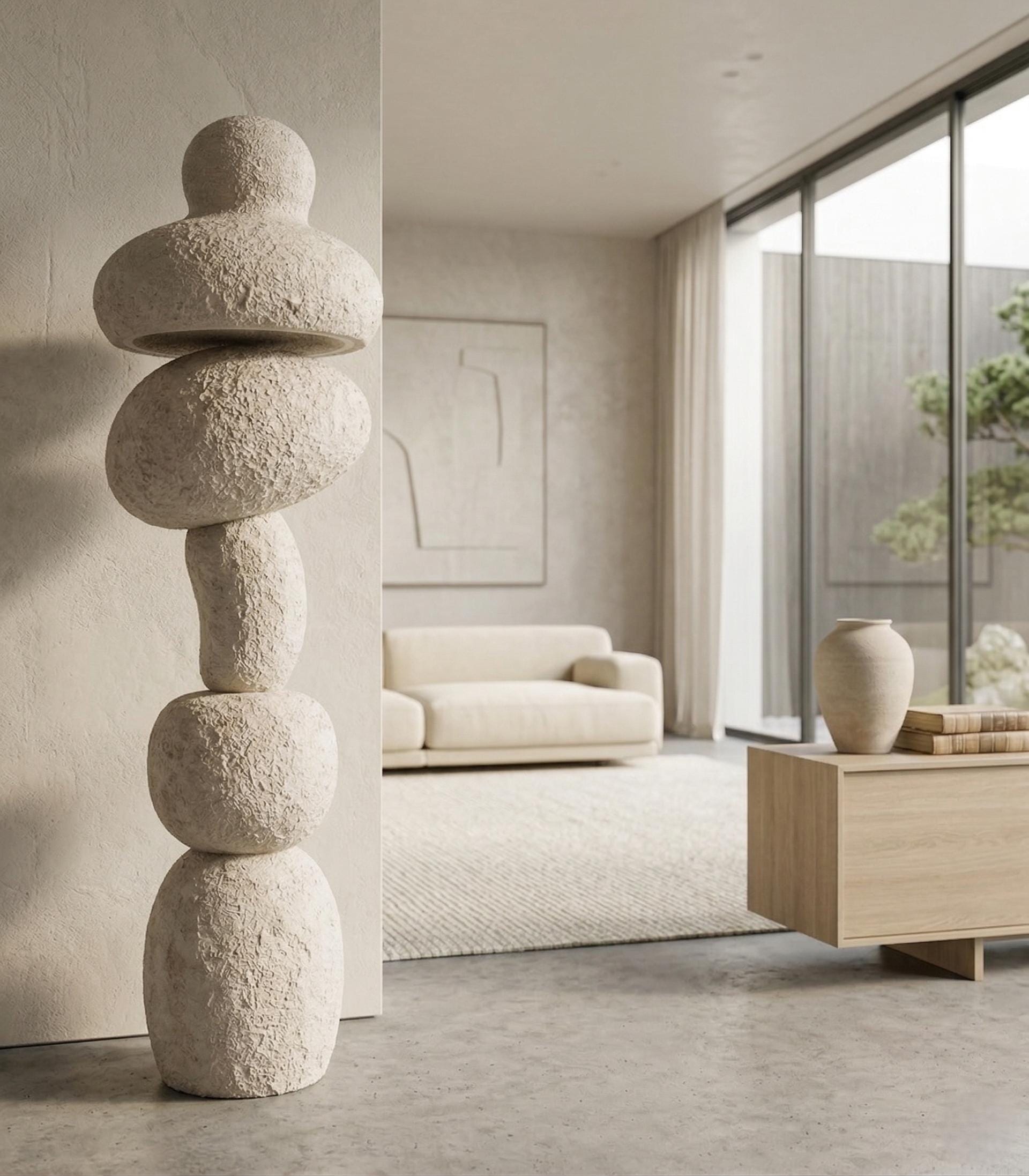 Handmade Sculptural Floor Lamp – Textured Plaster Stone Finish, Wabi Sabi Minimal Light