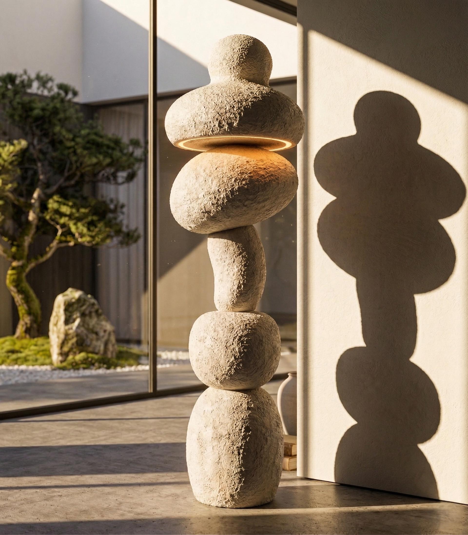 Handmade Sculptural Floor Lamp – Textured Plaster Stone Finish, Wabi Sabi Minimal Light