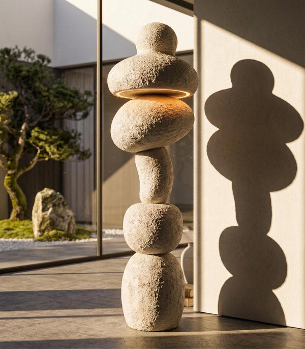 Handmade Sculptural Floor Lamp – Textured Plaster Stone Finish, Wabi Sabi Minimal Light