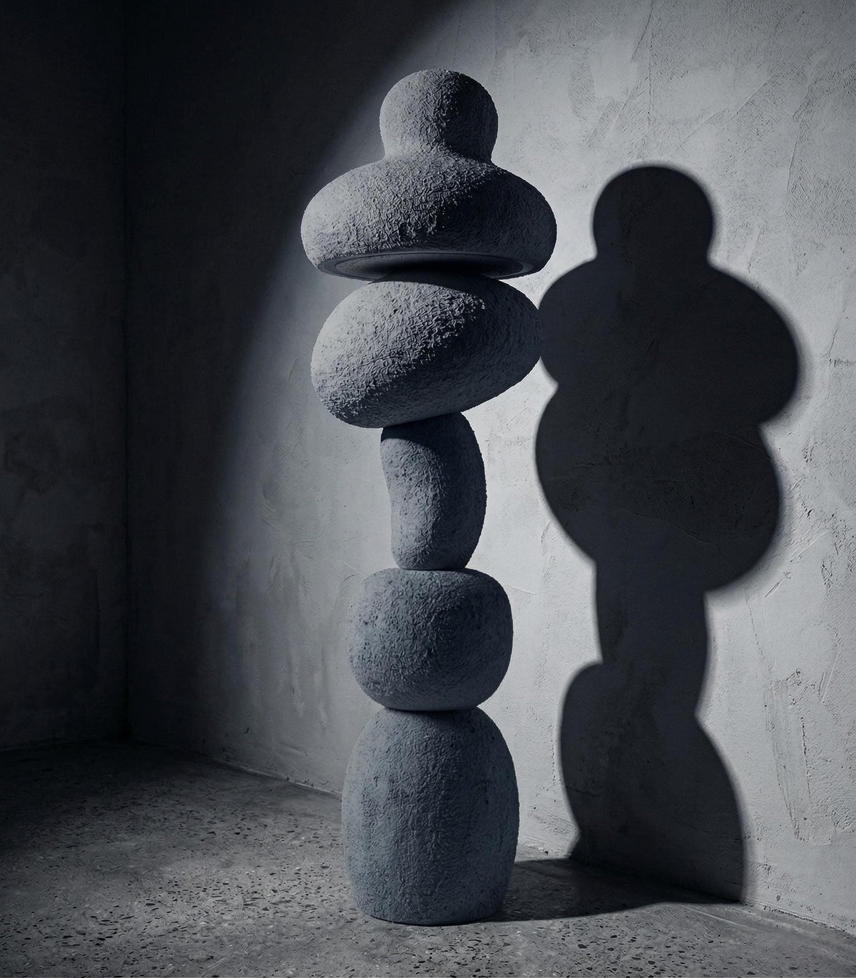 Plaster Stone-Look Floor Lamp — a handmade sculptural floor lamp with a textured mineral plaster stone finish, 160–180 cm