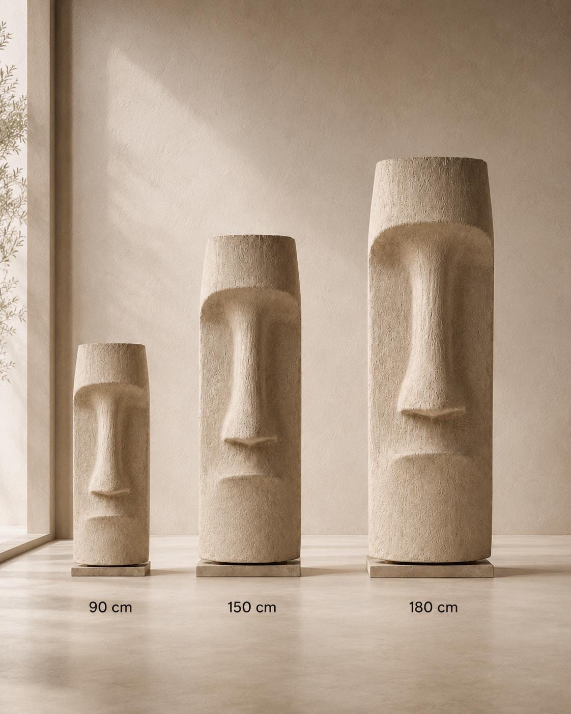 Moai Face Totem Sculpture — a handmade faux-limestone floor totem carved with a moai-inspired face, made in 90–180 cm