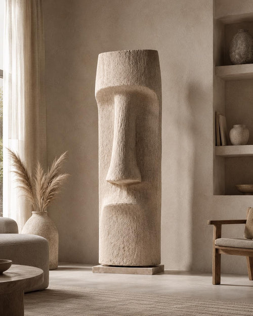 Handcrafted Large Stone Face Totem Sculpture | Faux Limestone Moai Statue, Wabi Sabi Floor Art