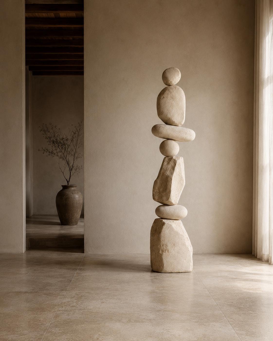 Large Sculptural Totem Floor Decor, Stone Look Wabi Sabi Foam Sculpture
