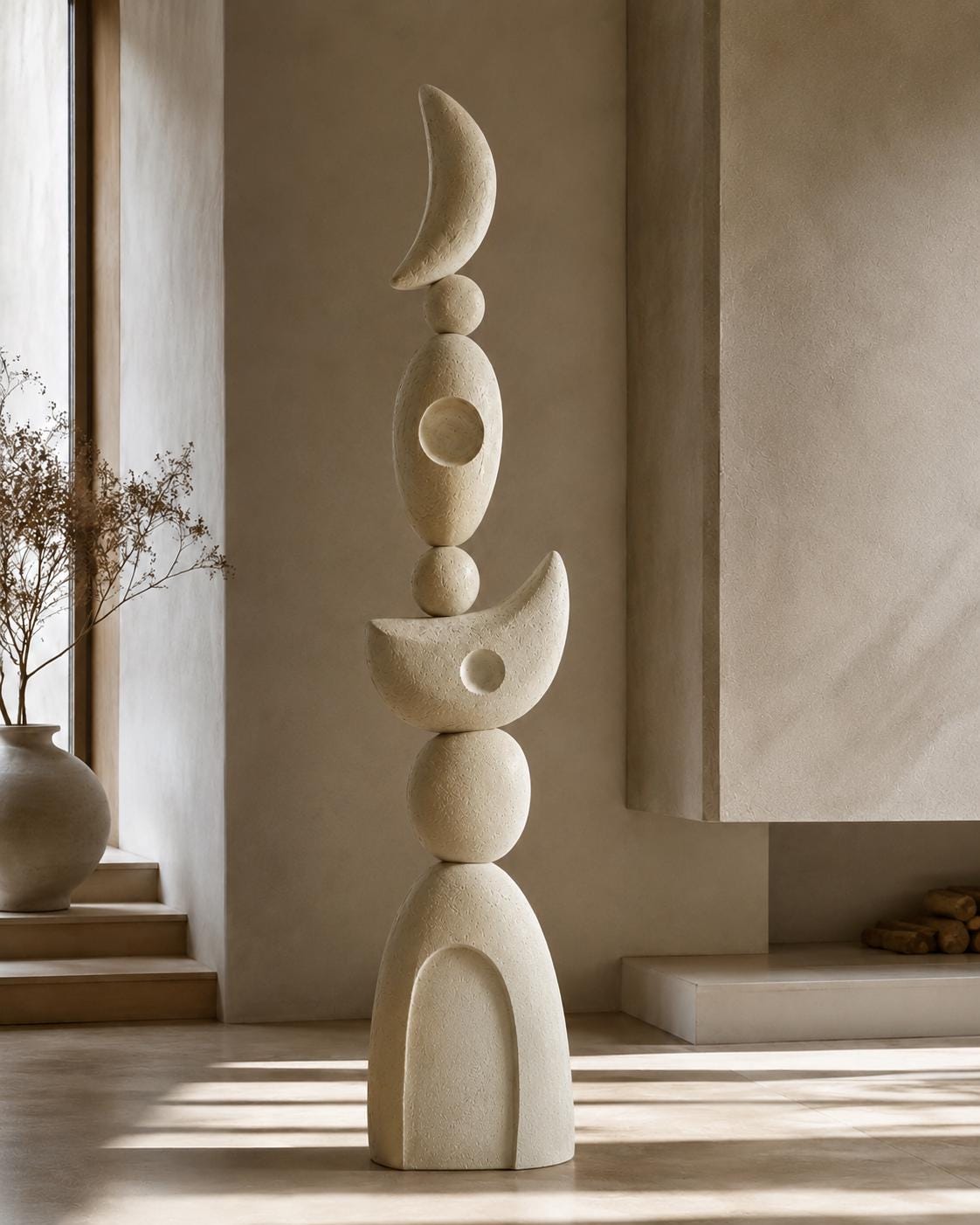 Large Plaster Totem Sculpture | Handmade Abstract Statement Art Object, Celestial Modern Decor