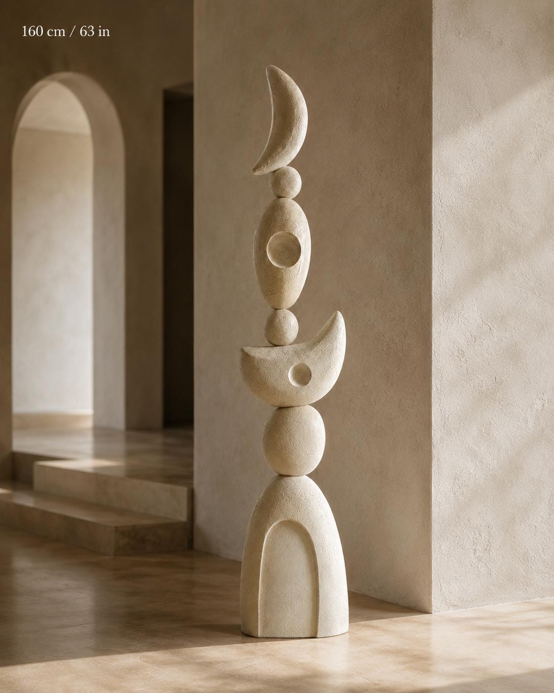 Celestial Plaster Totem — a large handmade abstract floor totem with a limestone-look plaster finish, 160–180 cm