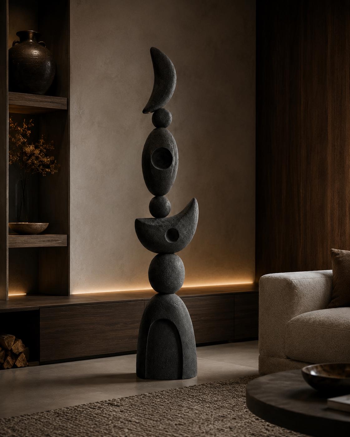 Celestial Plaster Totem — a large handmade abstract floor totem with a limestone-look plaster finish, 160–180 cm