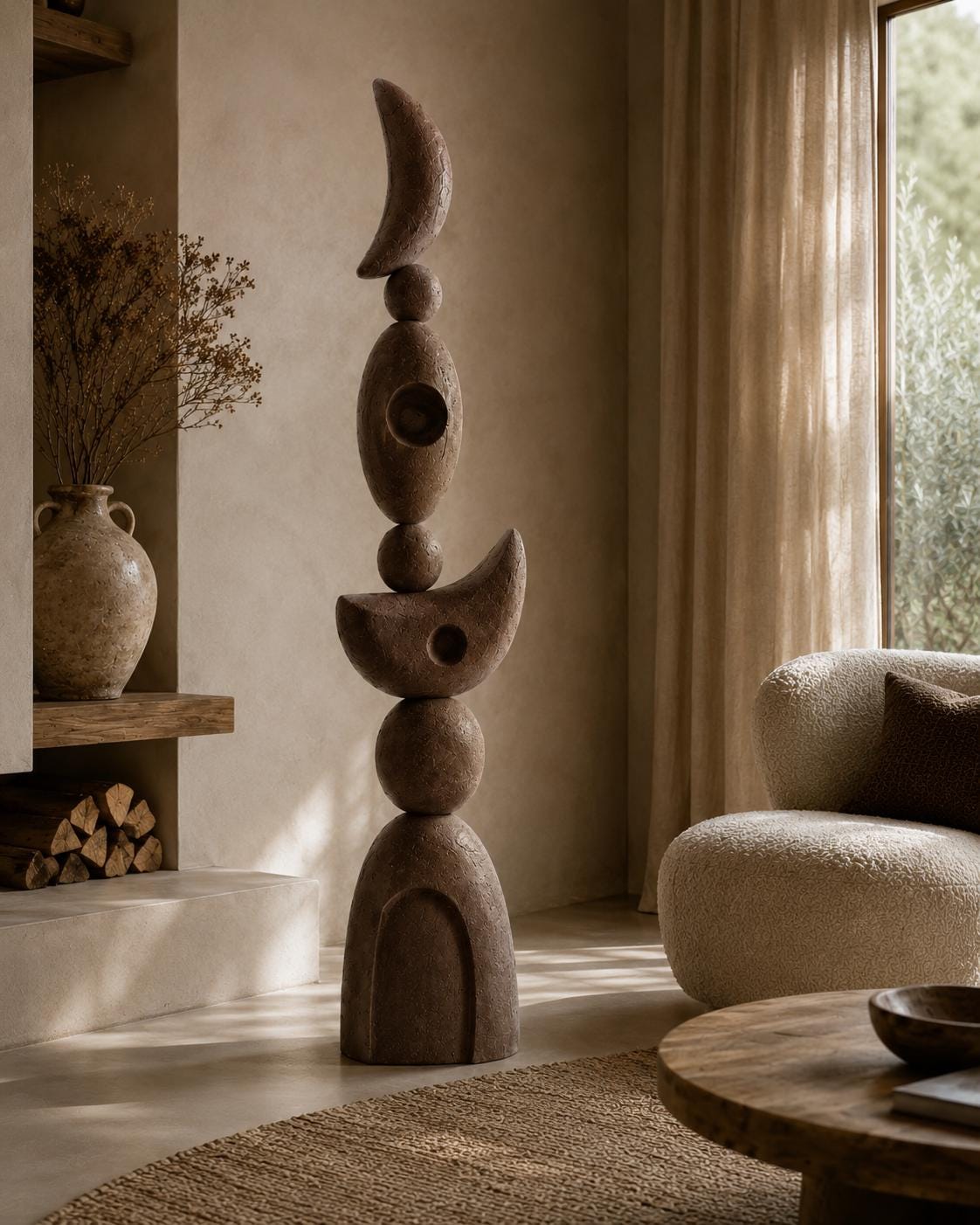 Celestial Plaster Totem — a large handmade abstract floor totem with a limestone-look plaster finish, 160–180 cm