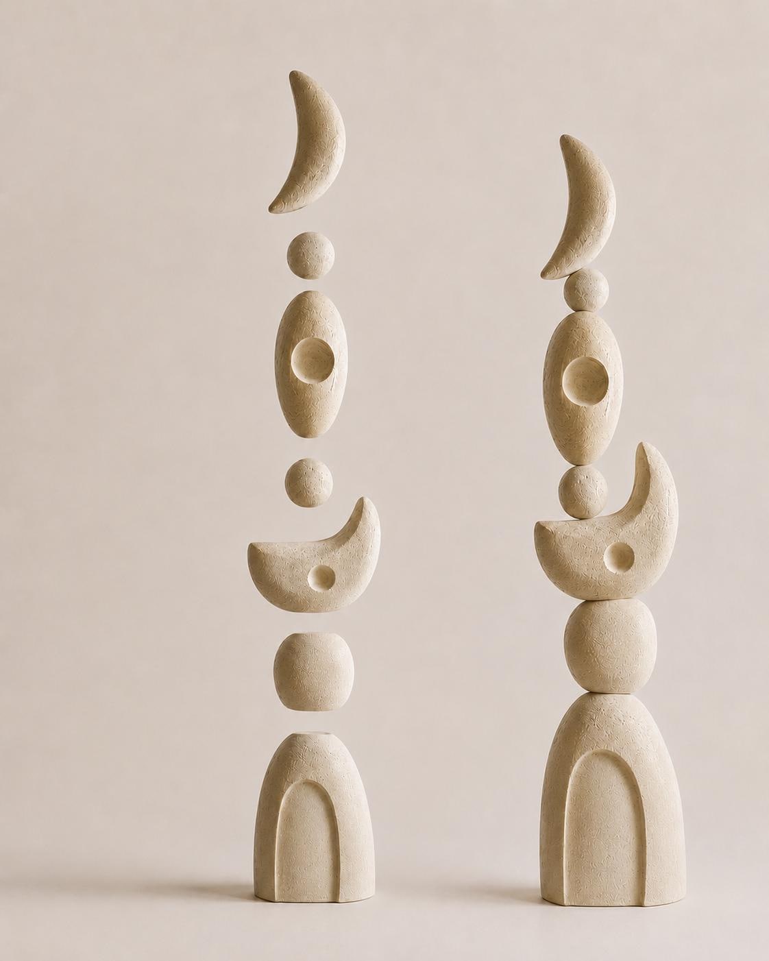 Celestial Plaster Totem — a large handmade abstract floor totem with a limestone-look plaster finish, 160–180 cm