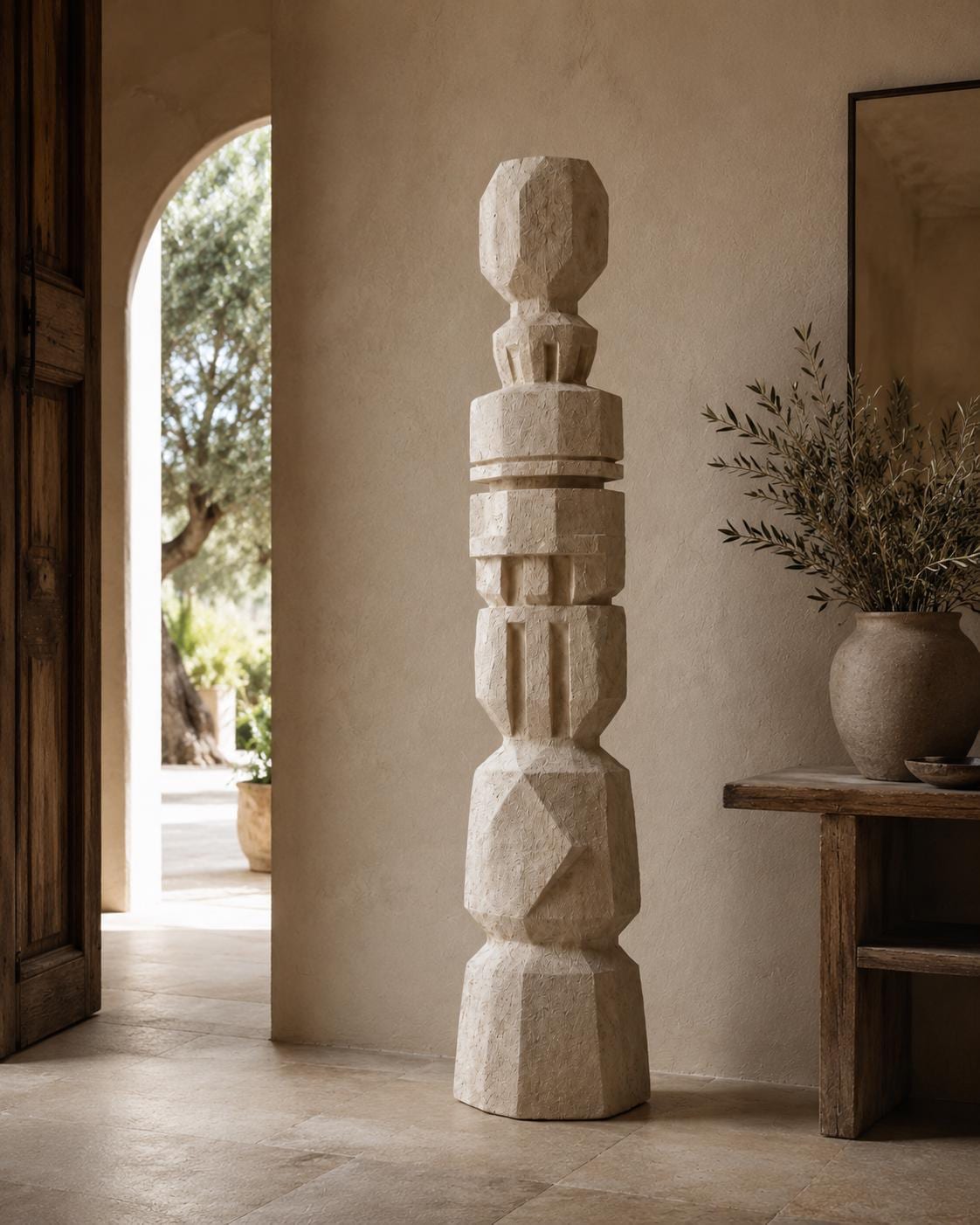 Handmade Plaster Totem Sculpture | Geometric Floor Art, Wabi Sabi Statement Decor