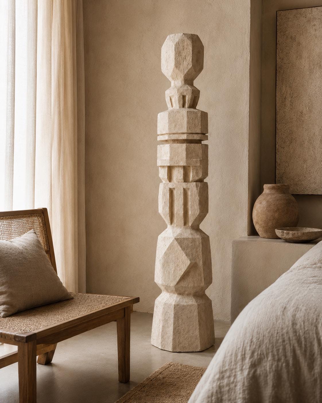Handmade Plaster Totem Sculpture | Geometric Floor Art, Wabi Sabi Statement Decor