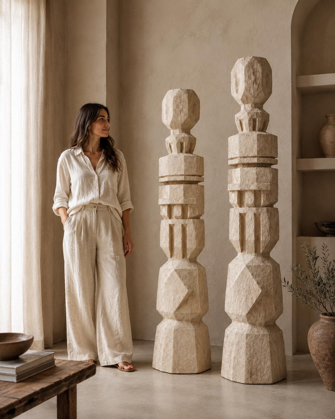 Handmade Plaster Totem Sculpture | Geometric Floor Art, Wabi Sabi Statement Decor