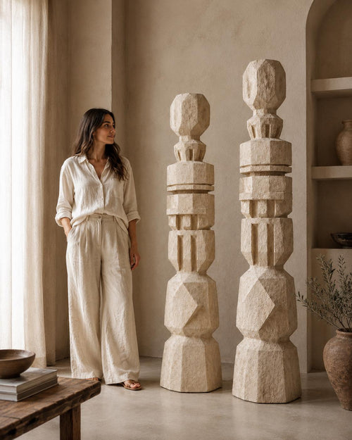 Handmade Plaster Totem Sculpture | Geometric Floor Art, Wabi Sabi Statement Decor