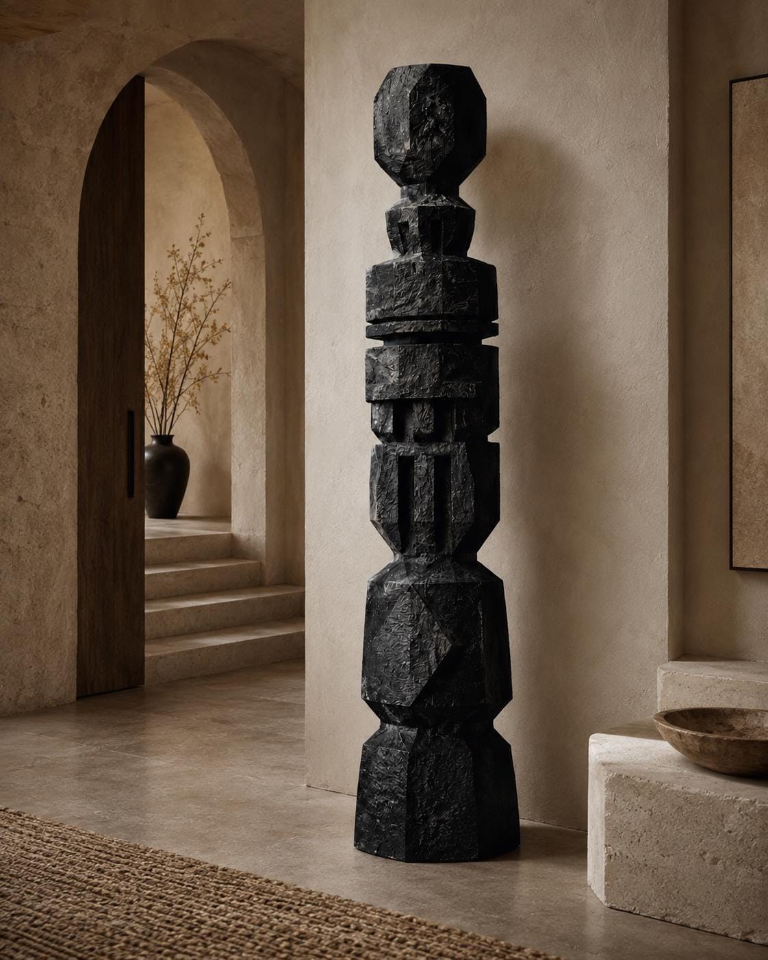 Handmade Plaster Totem Sculpture | Geometric Floor Art, Wabi Sabi Statement Decor