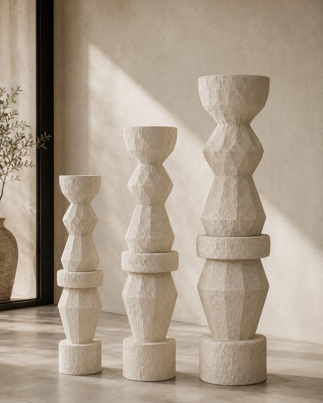 Textured Totem Sculpture | Geometric Plaster Floor Art, 180cm Stone Look Garden Statue, Organic Decor