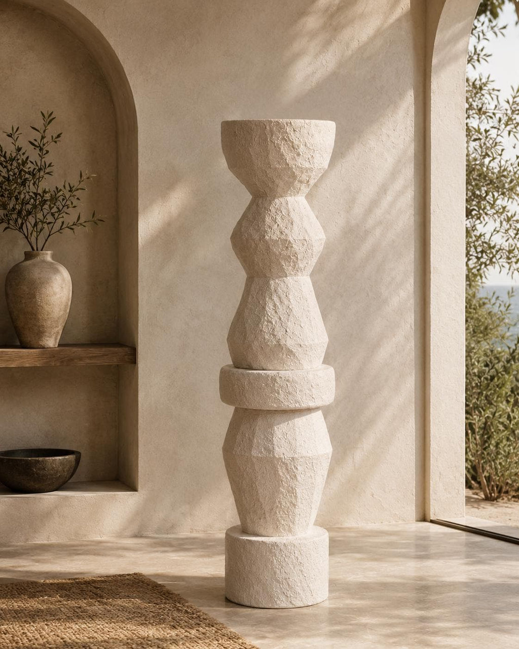 Textured Totem Sculpture | Geometric Plaster Floor Art, 180cm Stone Look Garden Statue, Organic Decor