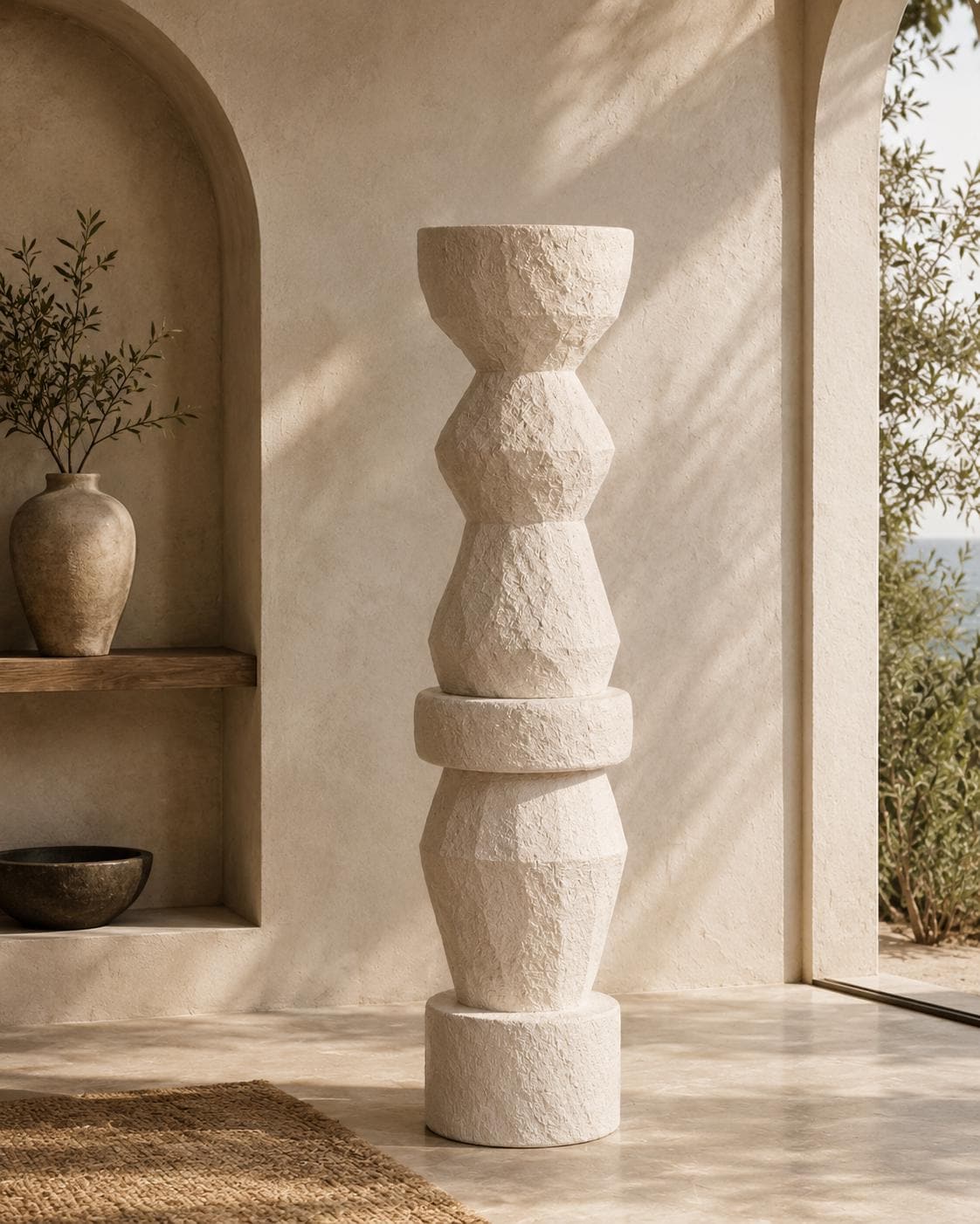Textured Totem Sculpture | Geometric Plaster Floor Art, 180cm Stone Look Garden Statue, Organic Decor
