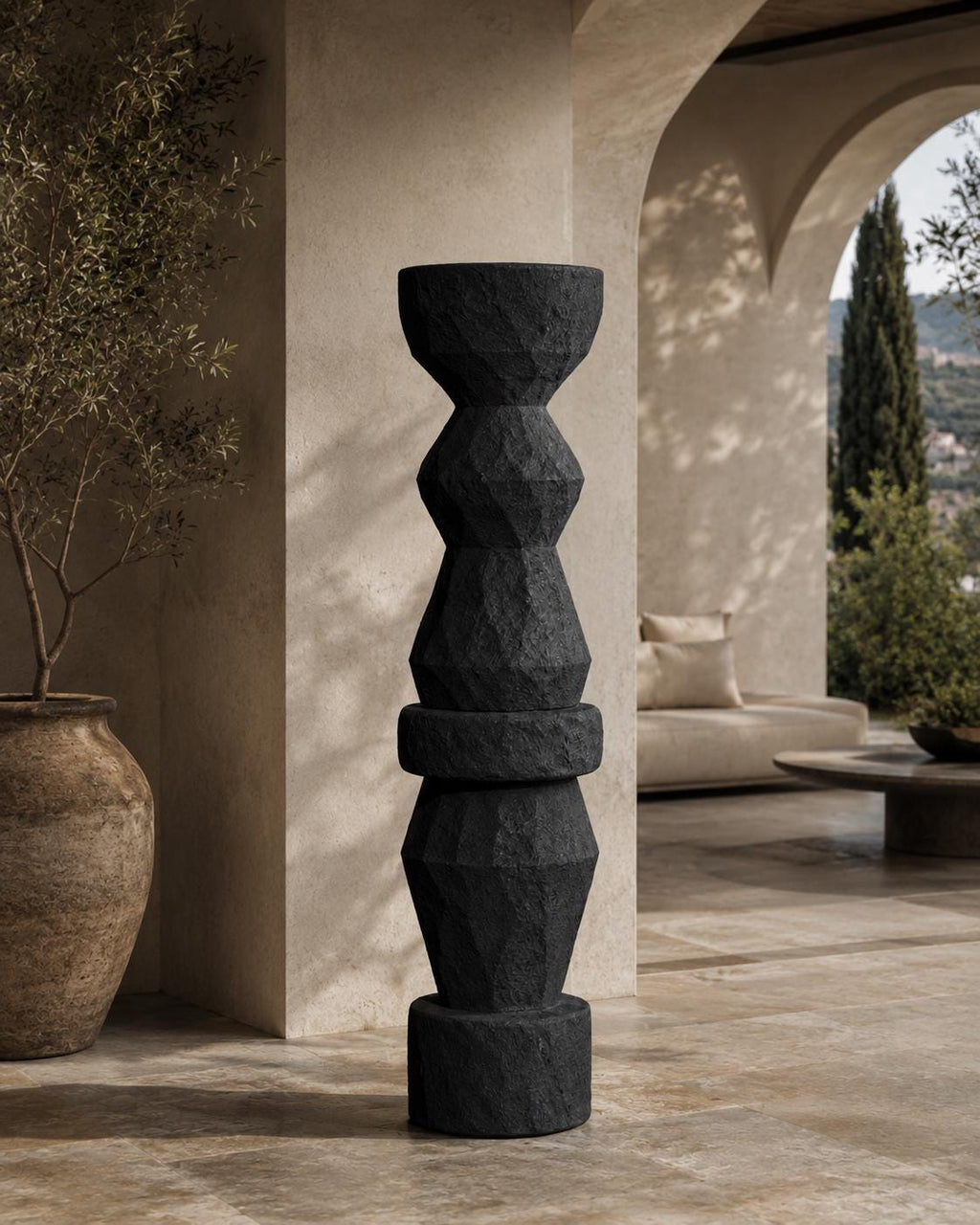 Textured Totem Sculpture | Geometric Plaster Floor Art, 180cm Stone Look Garden Statue, Organic Decor