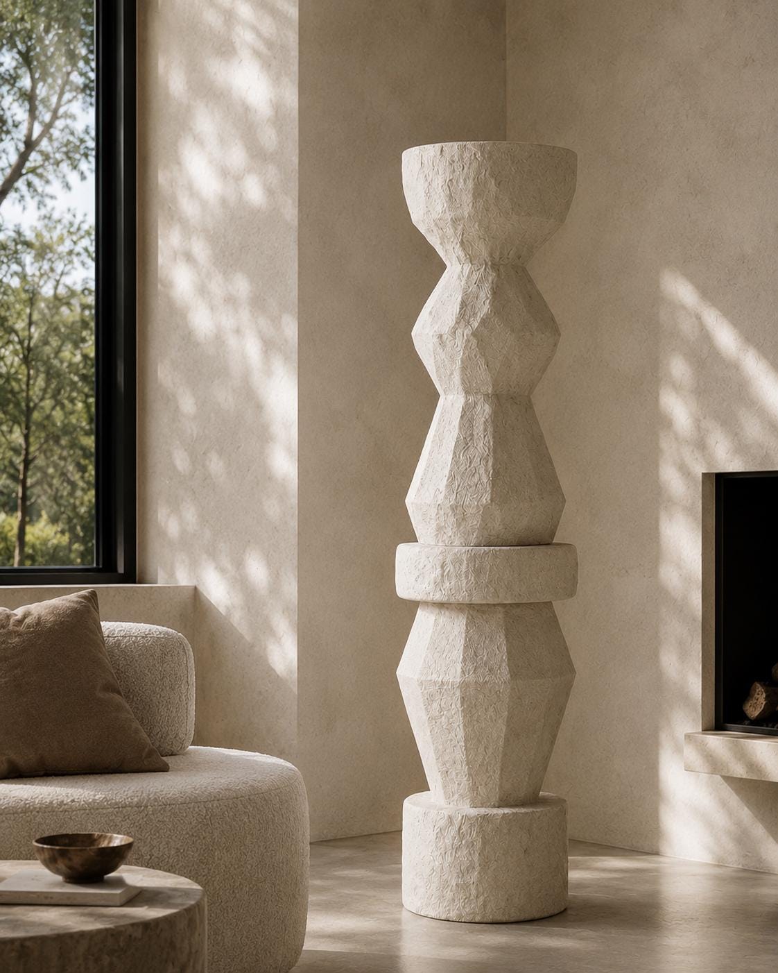 Textured Totem Sculpture | Geometric Plaster Floor Art, 180cm Stone Look Garden Statue, Organic Decor