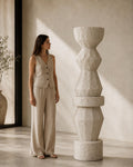 Textured Totem Sculpture | Geometric Plaster Floor Art, 180cm Stone Look Garden Statue, Organic Decor