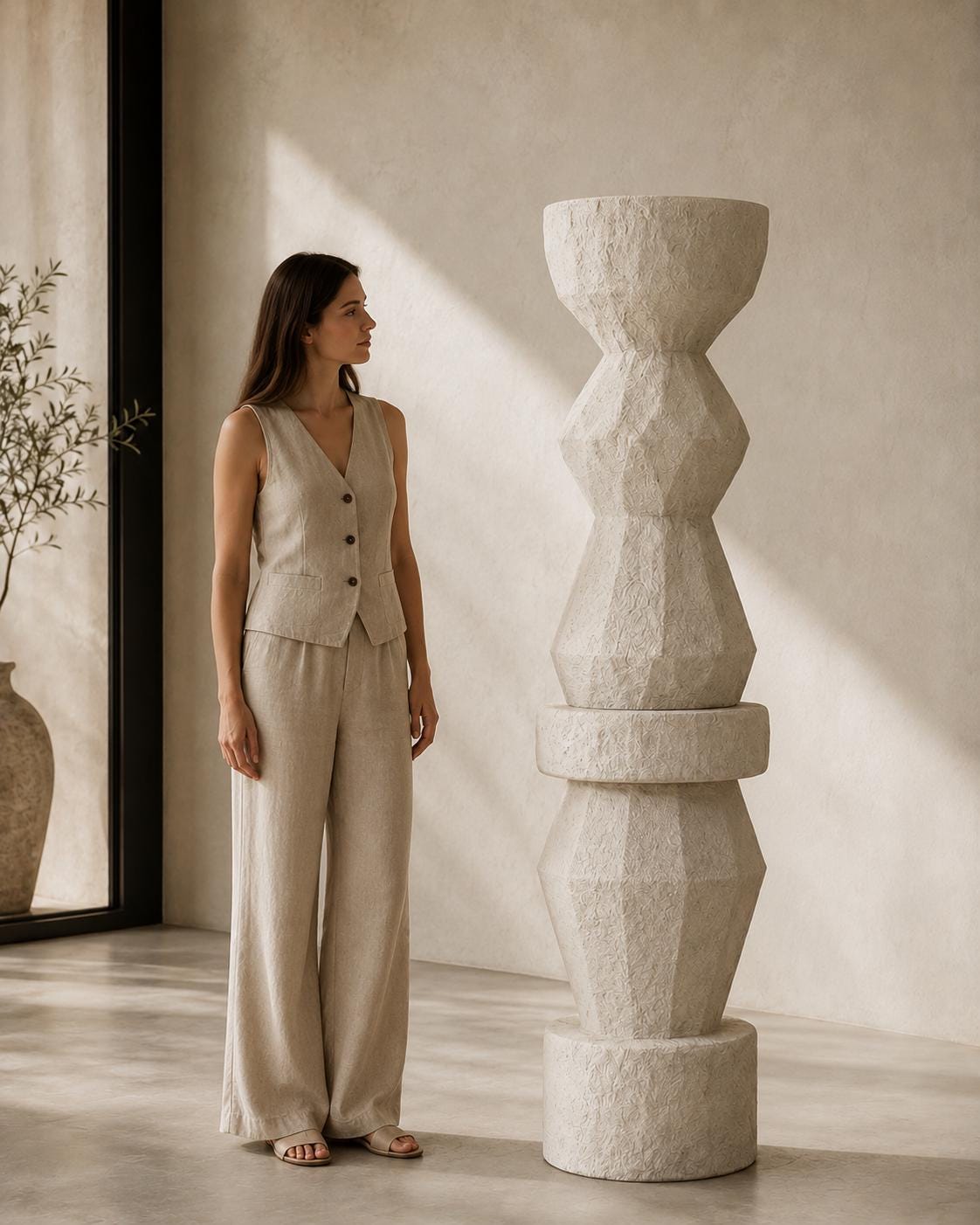 Textured Totem Sculpture | Geometric Plaster Floor Art, 180cm Stone Look Garden Statue, Organic Decor