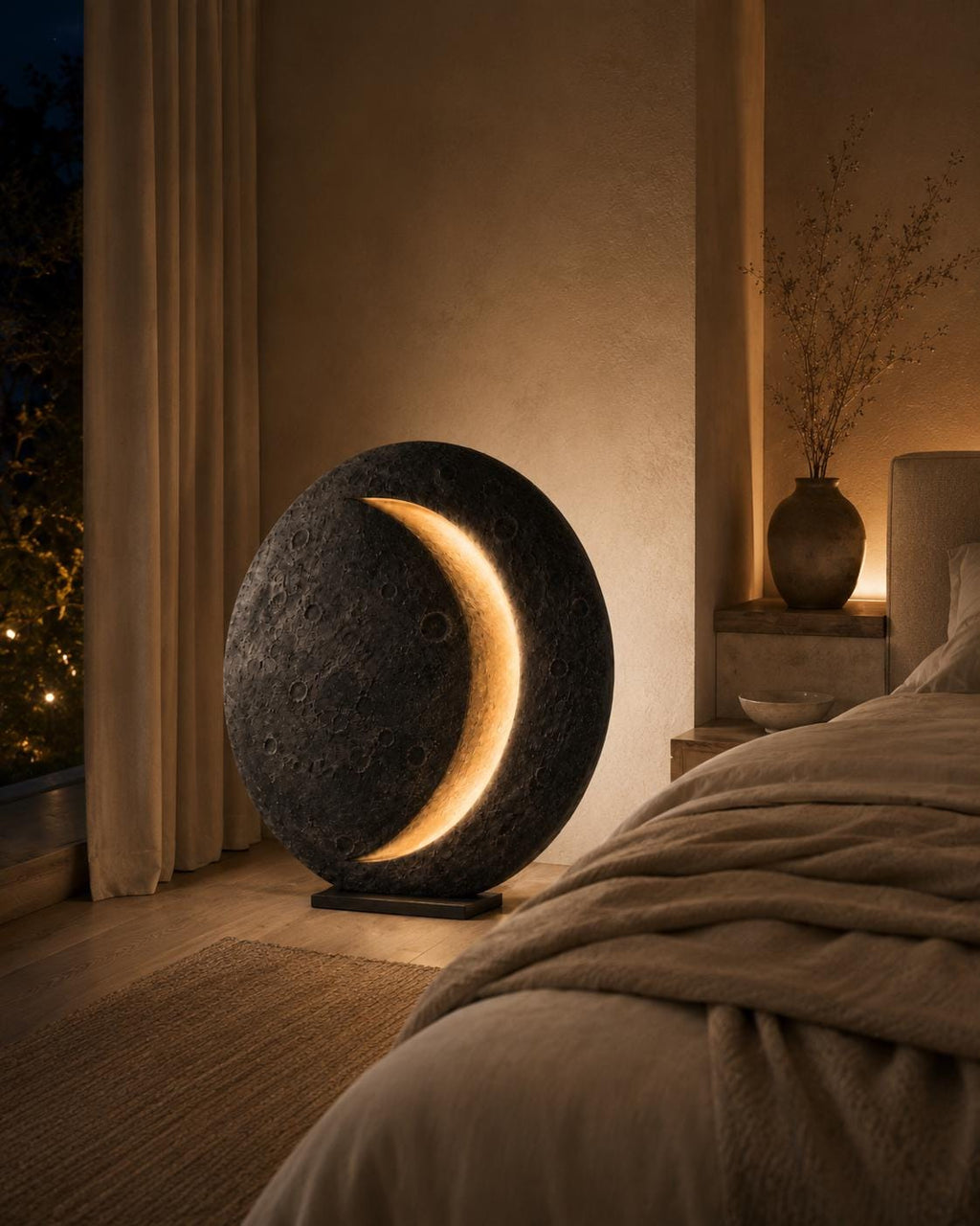 Crescent Moon Sculptural Floor Lamp, Handmade Lunar Light Art Object for Bedroom Decor