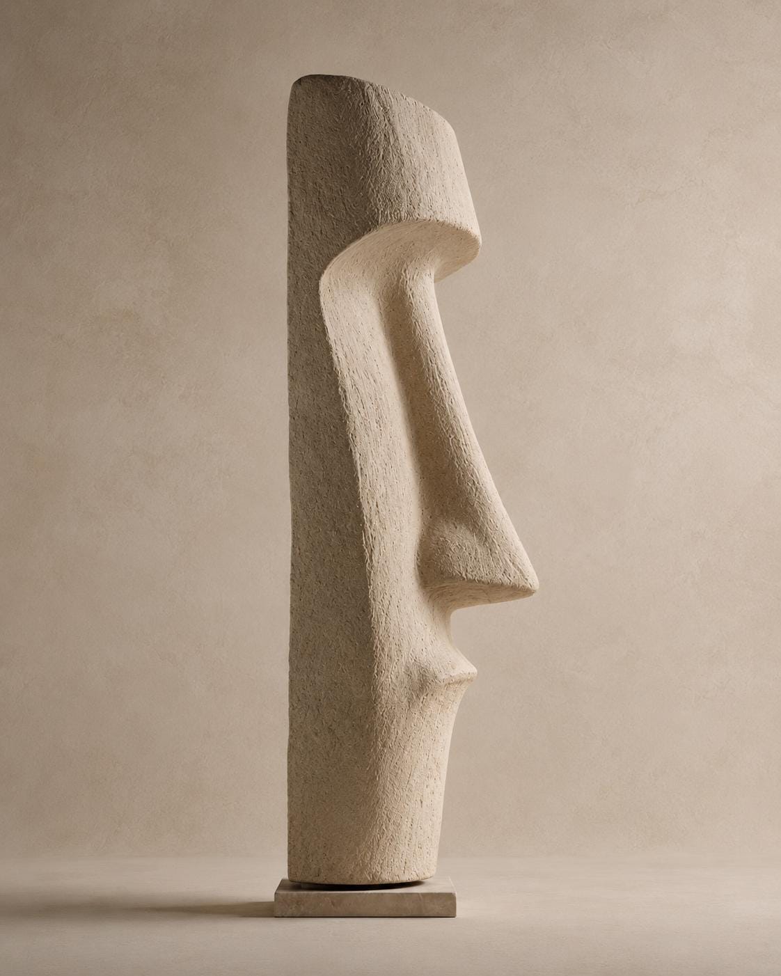 Moai Face Totem Sculpture — a handmade faux-limestone floor totem carved with a moai-inspired face, made in 90–180 cm
