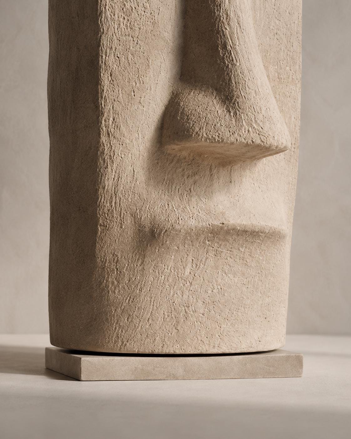 Moai Face Totem Sculpture — a handmade faux-limestone floor totem carved with a moai-inspired face, made in 90–180 cm
