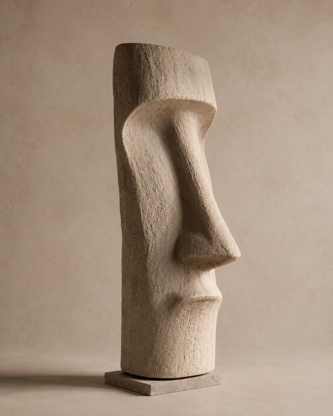 Moai Face Totem Sculpture — a handmade faux-limestone floor totem carved with a moai-inspired face, made in 90–180 cm