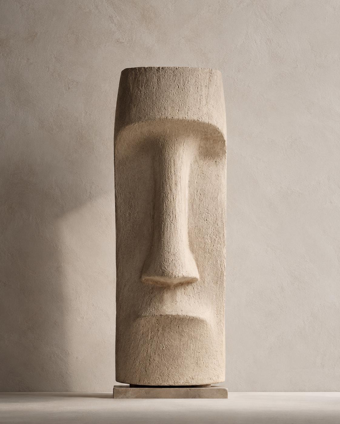 Moai Face Totem Sculpture — a handmade faux-limestone floor totem carved with a moai-inspired face, made in 90–180 cm