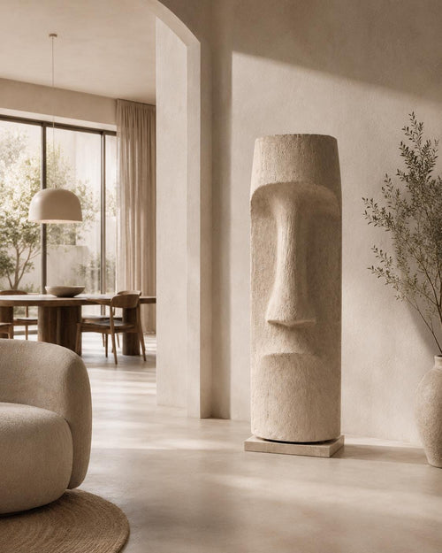 Handcrafted Large Stone Face Totem Sculpture | Faux Limestone Moai Statue, Wabi Sabi Floor Art
