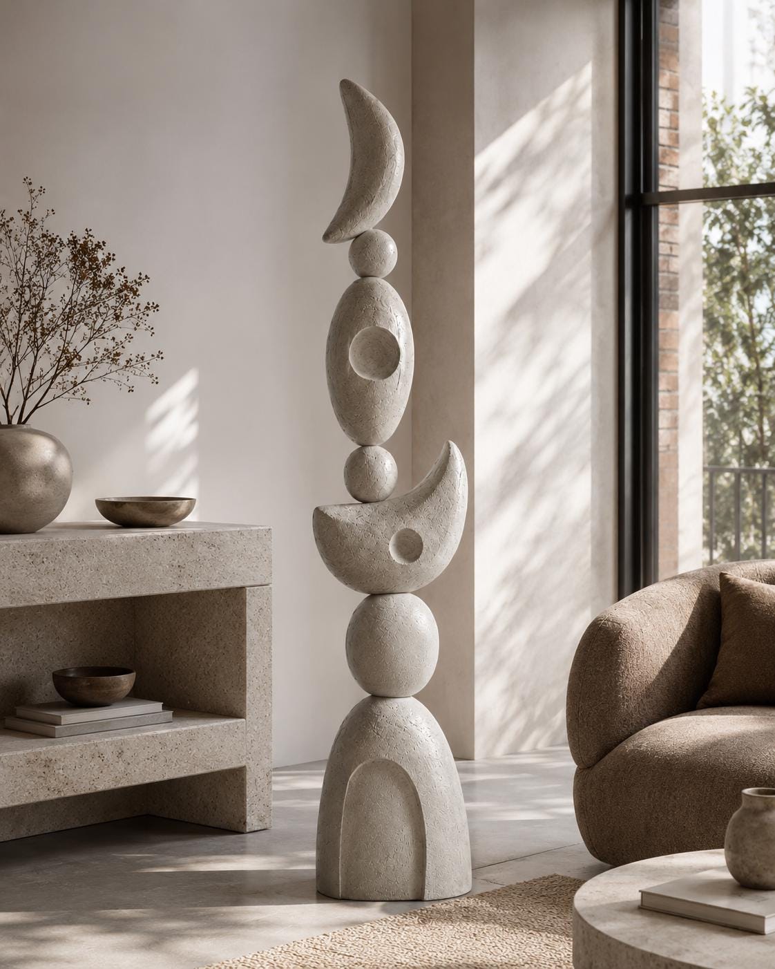 Celestial Plaster Totem — a large handmade abstract floor totem with a limestone-look plaster finish, 160–180 cm