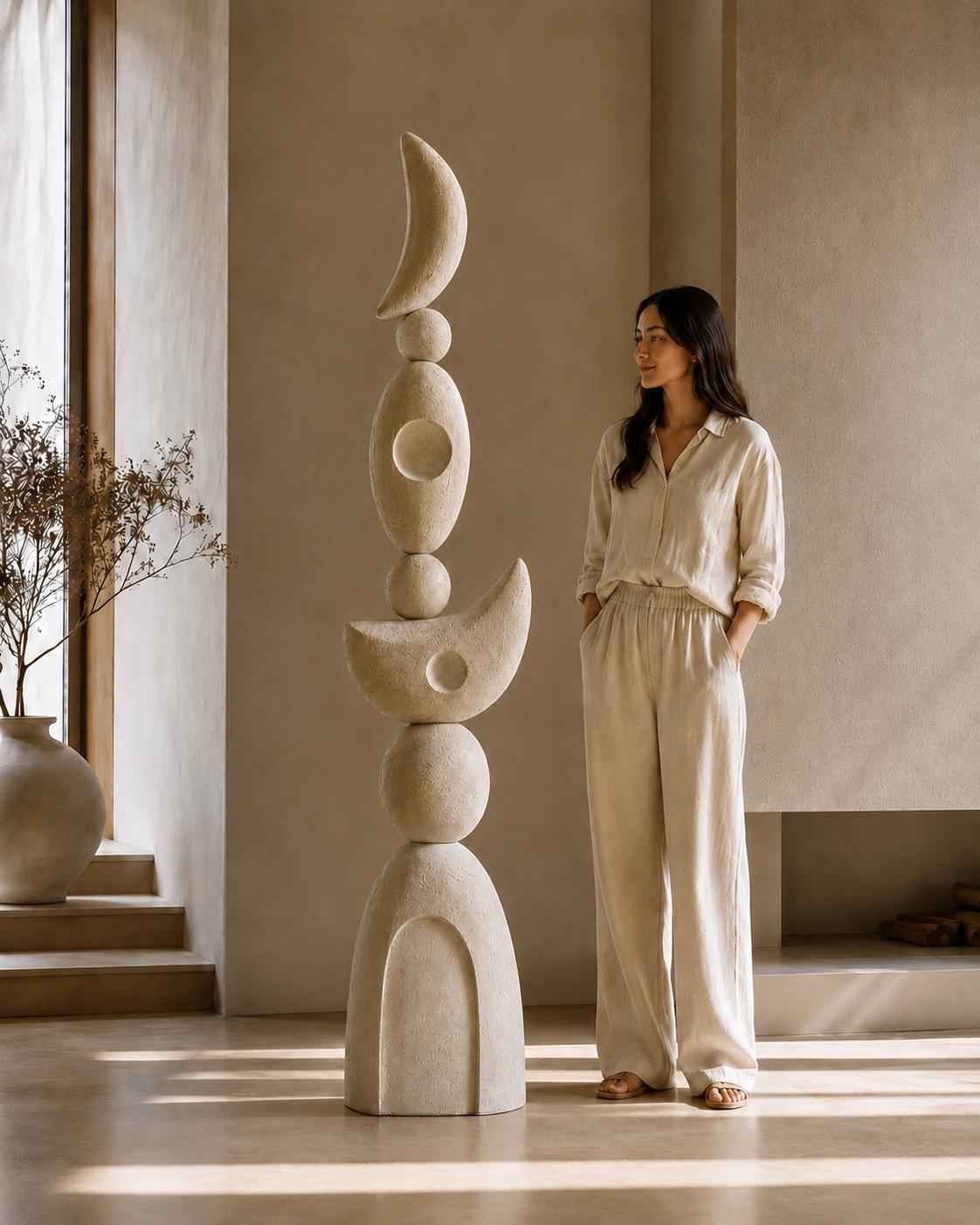 Large Plaster Totem Sculpture | Handmade Abstract Statement Art Object, Celestial Modern Decor
