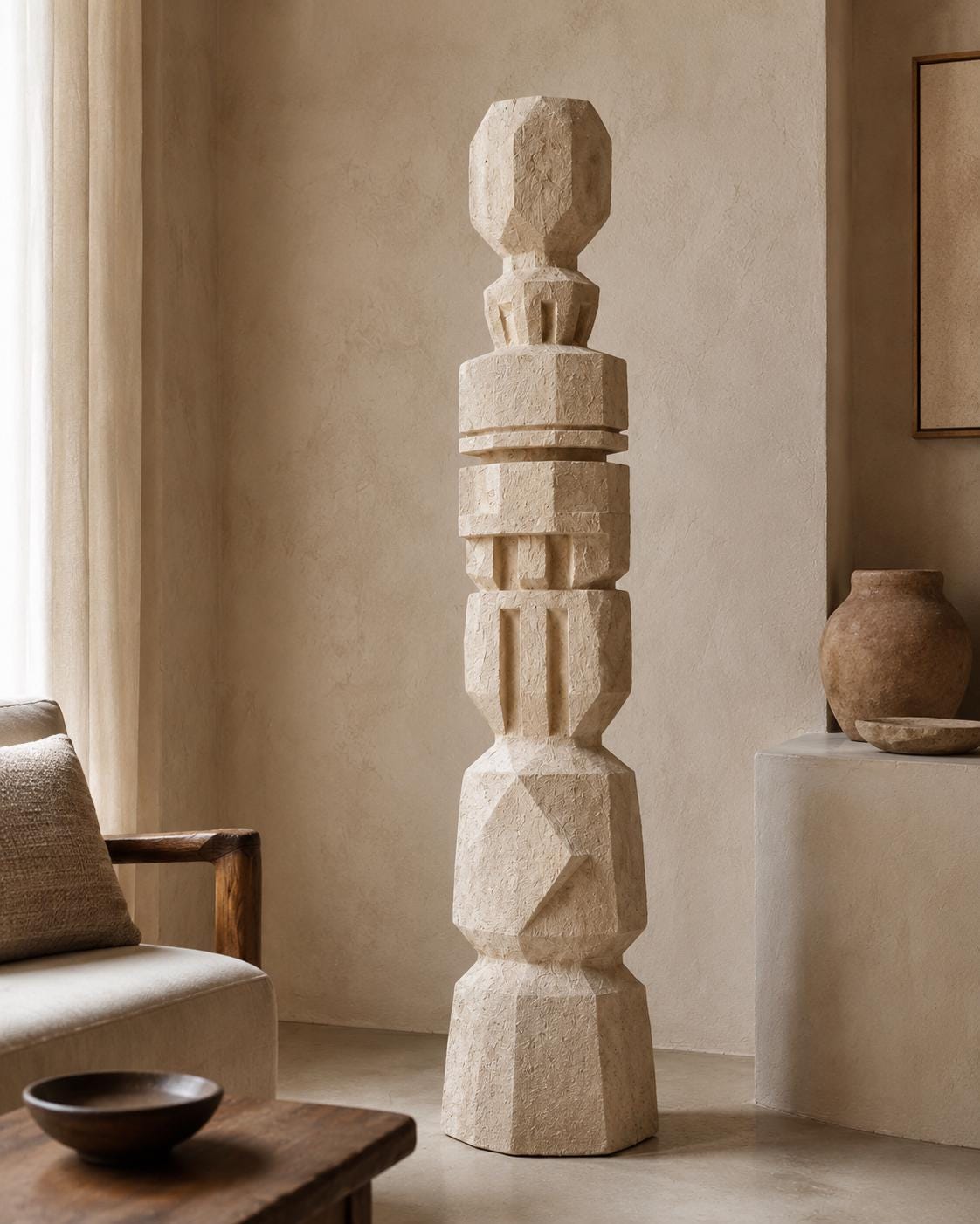 Handmade Plaster Totem Sculpture | Geometric Floor Art, Wabi Sabi Statement Decor