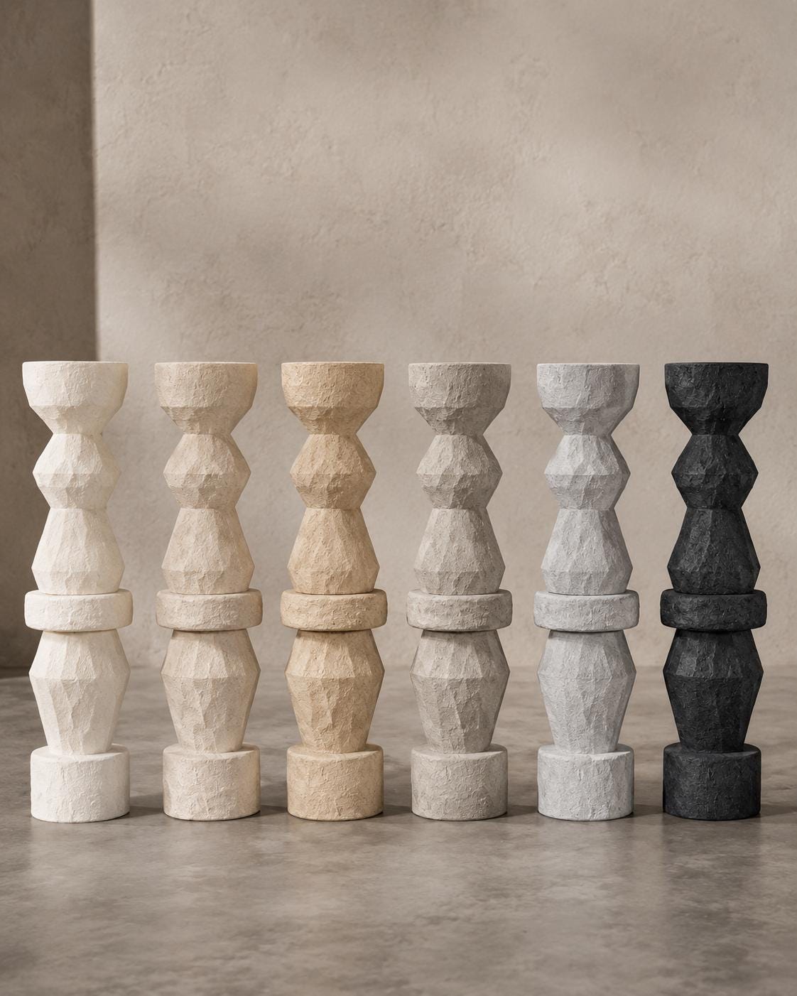 Textured Totem Sculpture | Geometric Plaster Floor Art, 180cm Stone Look Garden Statue, Organic Decor